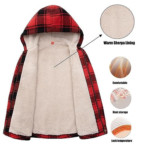 Image of ThCreasa Boys Plaid Flannel Jackets Sherpa Lined Zip Up Long Sleeve Warm Flannel Shirt with Hood