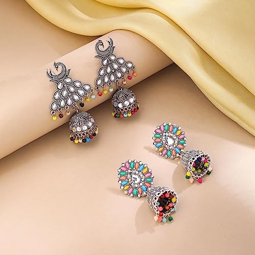 Image of Yellow Chimes Earrings for Women and Girls Traditional Silver Oxidised Jhumka German Silver Earring Set Dome Shaped Dangler Jhumki Earrings Combo | Birthday Gift For Girls and Women