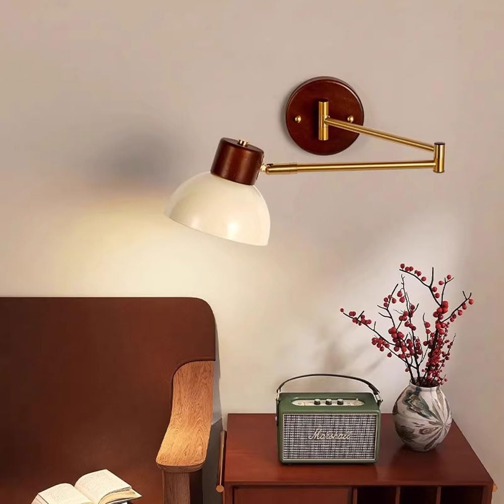 Lámpara de pared de cabecera de madera nórdica, aplique de pared con brazo oscilante dorado, cabecera ajustable flexible, iluminación de lectura, pantalla de metal crema, accesorio de iluminac