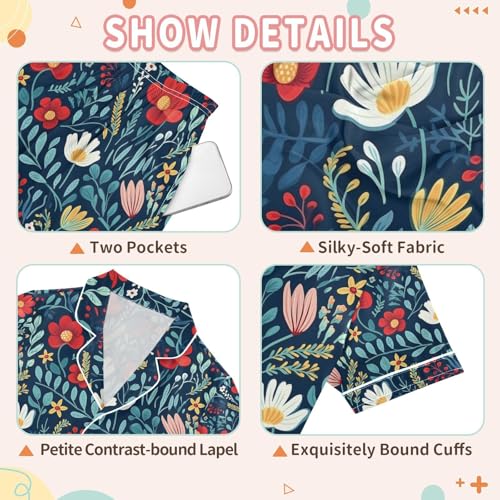 senya Leaves Flower Navy Satin Summer Pajama Sets Silk Short Sleeve Button Down Sleepwear3