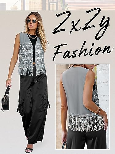 ZXZY Womens Sequin Fringe Sleeveless Vest Sparkly Lightweight Fitted Jacket Cardigan4