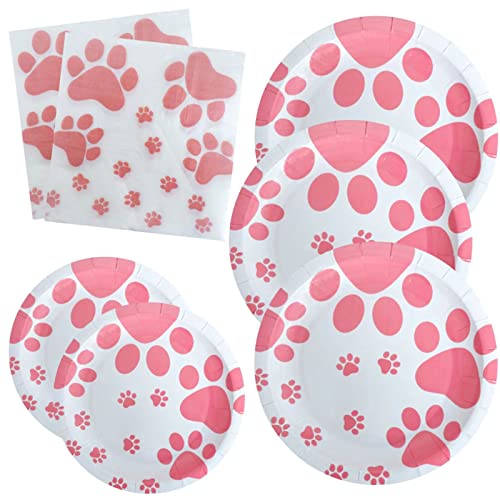 Pink Dog Paw Prints Party Supplies,Dog Paw Prints Party Tableware Set Including Dog Paw Paper Plates Cups Napkins Straws Serves 20 for Dog Birthday Baby Shower Party