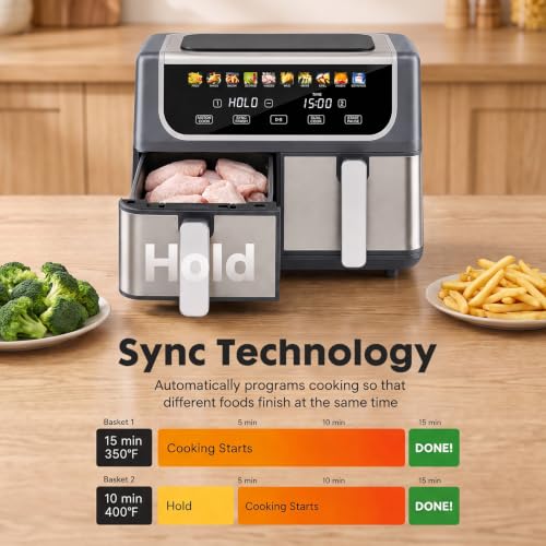 KMFurnila 2 Baskets Air Fryer 9.5 QT, 10 in 1 Dual Air Fryers with Ceramic Crisper Plate, 80-450°F Wide Temp, Smart Cooking Mode with Match & Sync Cook, Shake Reminder, Roast, Defrost, Bake, Grey by KMFurnila - Used condition - Image 4