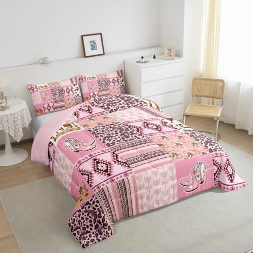 Image of Feelyou Pink Aztec Bedding Set King Size, Kids Western Decor Comforter Set Wild West Cowboy Cowgirl Comforter Boho Style Duvet Insert Bed Set 3Pcs