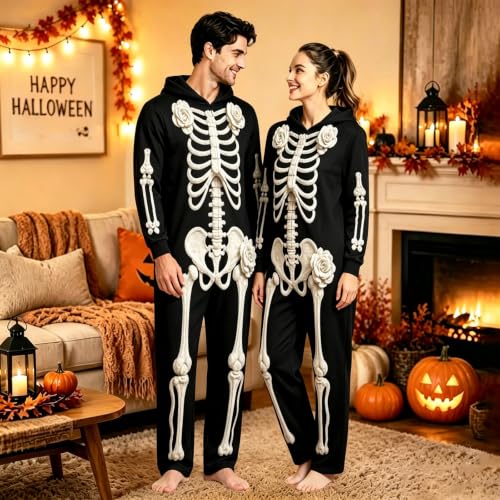 Skeleton Onesie Adult Unisex Spooky 3D Print Hooded Halloween Jumpsuit Cozy Couples Cosplay Party Costume 2026 - image 3