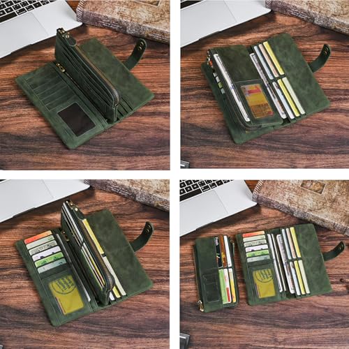 Image of Genuine Crazy Horse Leather Travel Gift Coin Pocket Card Case Long Organizer Chain Rfid Wallet Purse With Snap For Men Male 1803 1815 (1803 The Green2)