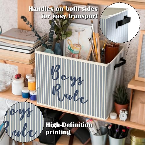 Image of Boy Nursery Storage Bins Box with Handles, Blue Striped Boys Rule Playroom Collapsible Basket Organizer for Kids Toddler Boys Room Bedroom Bathroom Books Clothes