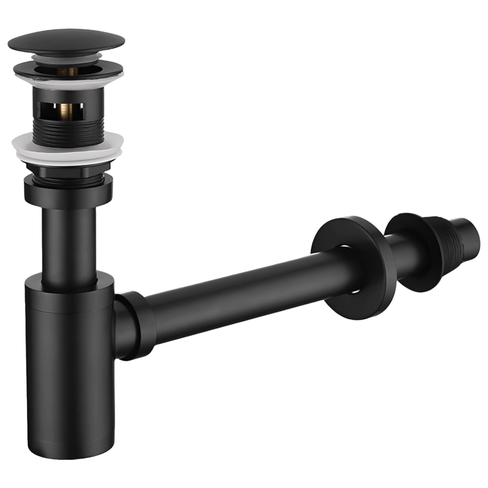 Sifone a bottiglia rotondo per lavabo da bagno, kit da parete in acciaio inox 304, nero opaco con troppopieno, 30 x 35 x 5 cm