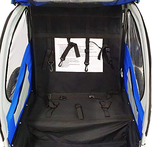 DMS® Fahrradanhänger 2 in 1 Kinderanhänger Fahrrad Anhänger Jogger Radanhänger Kinderwagen Kinderfahrradanhänger für 2 Kinder 5-Punkt Sicherheitsgurt, Radschutz FH-02 (Blau)