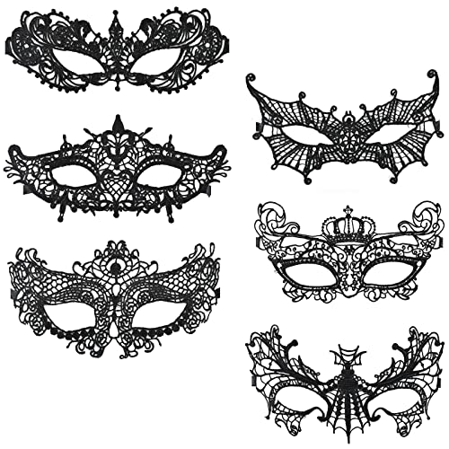 Disnace 6 Stück Damen Spitze Halloween Augenmaske Venezianische Maske Sexy Lace Maske für Damen Schwarz Augenmaske Maskerade Maske für Karneval...