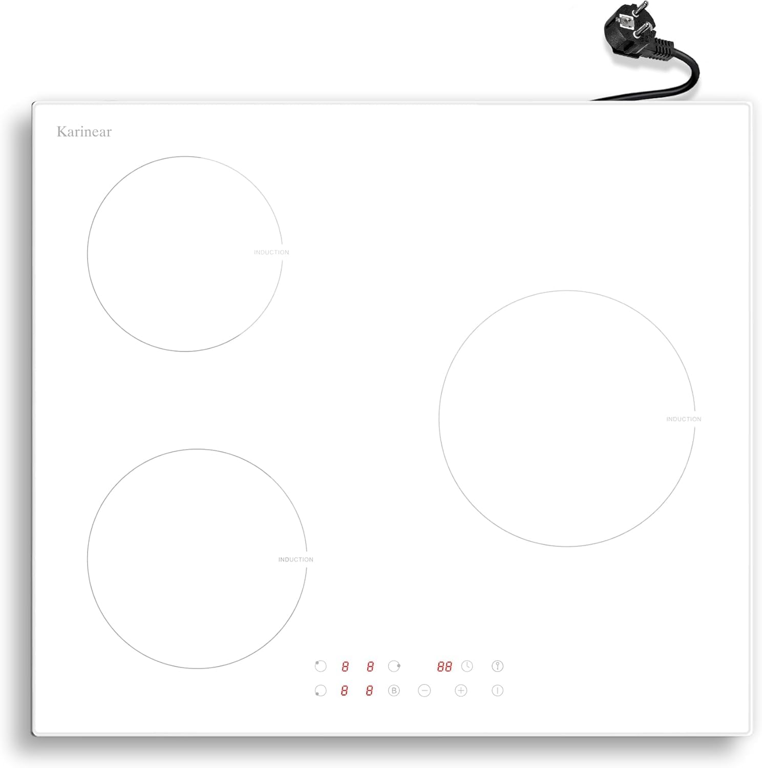 Karinear Placa Inducción 3 Fuegos con Enchufe, Función Boost, Integrada 3 Zonas 60 cm, Manejo Táctil, 9 Niveles de Potencia, Bloqueo de Seguridad, Temporizador, 220V~240V, 3500 W, Induccion Blanca