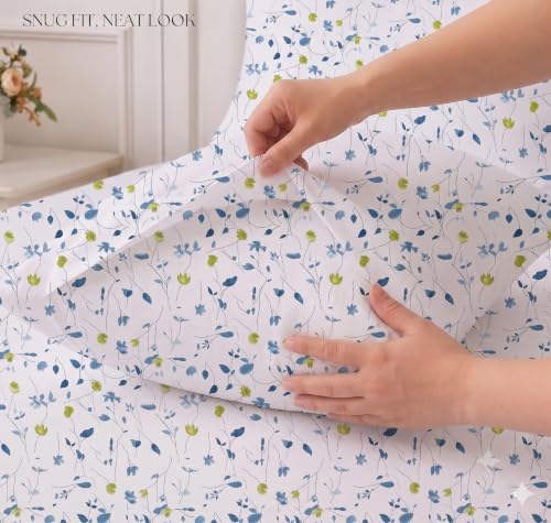 Image of IVAZA 240 TC Soft Ezyption Cotton Floral Print King Size Bedsheet - with 2 Pillow Covers, Hypoallergenic, Brethable, (Size- 90 x 90 Inch) Blue & White