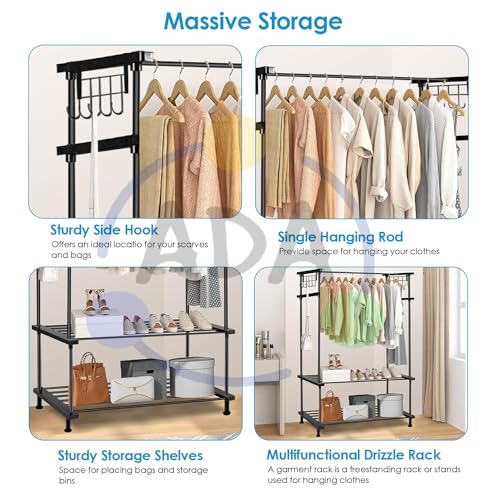 Image of ADA Premium High Density Drizzle Metal Garment Rack with 10 Side Hooks and 2 Lower Shelves | Heavy Duty Multifunctional Clothes Rack - Black (83 x 30 x 137cm)