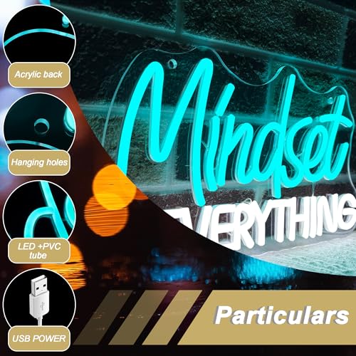 Image of Mutank Mindset Is Everything Neon Sign Wall Decor, Motivational Neon Light USB Powered LED Dimmable, for Classroom Decor Office Gym Library Bedroom Bar Sign(14.1 * 7.8 In)