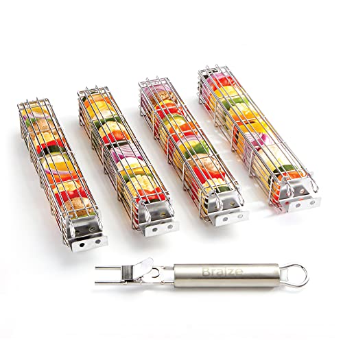 BRAIZE Large Stainless Steel Kabob Grilling Basket Set of 4