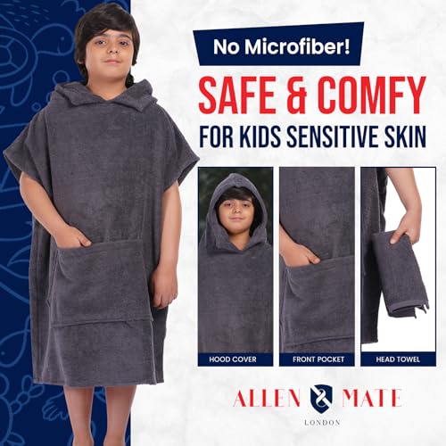 Image of ALLEN & MATE 100% Cotton Kids Hooded Surf Poncho Changing Robe, Quick Absorbent Wearable Swim Towel Boys & Girls, 6-13 Years