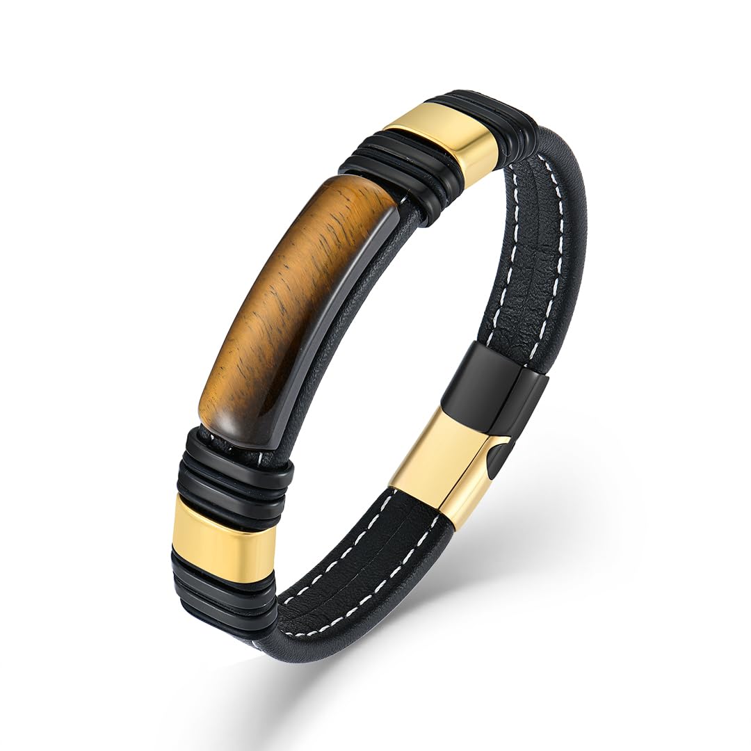 VA JENT Mens Tiger Eye Bracelets Microfiber Leather Cuff Bracelet for Men Gifts on Fathers Day Christmas Anniversary