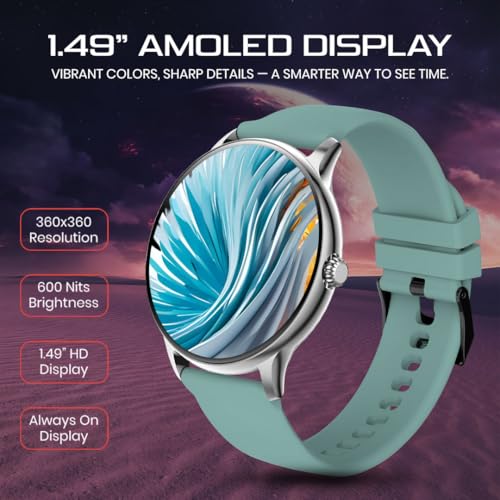 Image of PunnkFunnk Glavito Round Dial Smartwatch 1.49 inch AMOLED Display, 100+ Sports Modes, IP67, Health Tracking, Bluetooth Calling, Functional Crown Control, 100+ Watch Faces for Men & Women (Light Green)