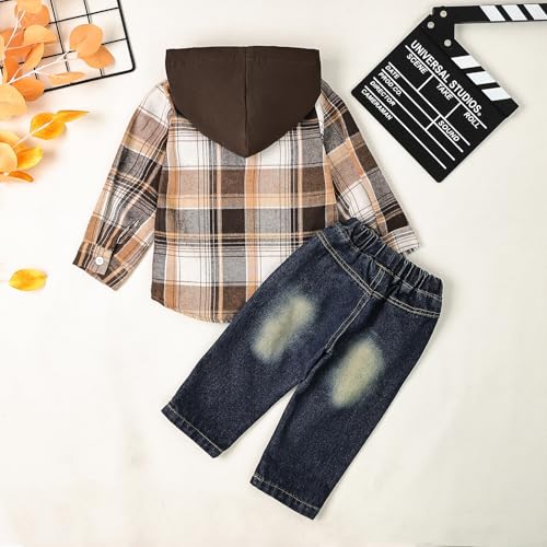 Image of Toddler Baby Boy Fall Winter Clothes Long Sleeve Plaid Hooded Sweatshirt Ripped Holes Jeans Set 1-5 Years Old