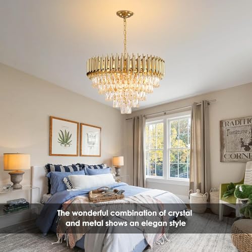 Image of Manraj Modern Crystal Chandelier, 600 mm Round, 5-Tier Pure Gold, K9 Crystal Ceiling Light Fixture for Living Room and Hallway (Pure Gold, 600mm)