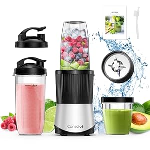 Consciot CB08 11-Piece Blender for Kitchen and Personal Size, Blend Shakes and Smoothies, Frozen Drinks, Baby Food, Spreads & More, 3 Portable To-Go Cups & 2 Spout Lids & 1 Solid Lid, 900 Peak Watts