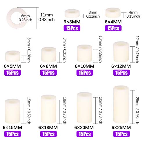 Swpeet 150Pcs Nylon Round Spacer Standoff Screw Nut Assortment Kit, Nylon Pa66 Plastic Standoff Od 11Mm And Id 6.2Mm Length 3Mm 4Mm 5Mm 8Mm 10Mm 12Mm 15Mm 18Mm 20Mm 25Mm For M6 Screws Prototyping #TOP1