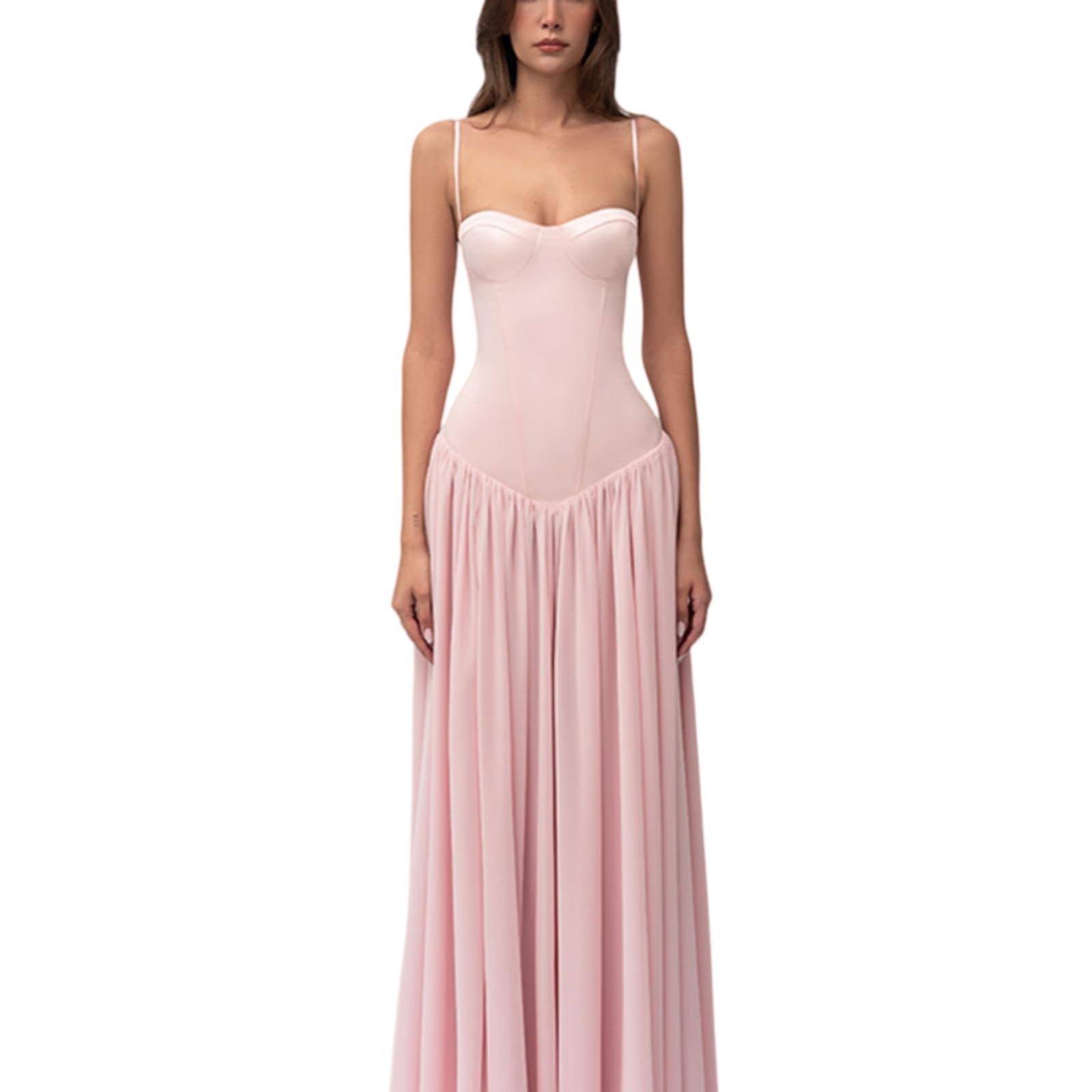 Vestito Donne Elegante Fuori Spalla Maxi Abito Slim Fit Indietro Pizzo su Ruffle Trim Festa Sera Lungo-Pink-m
