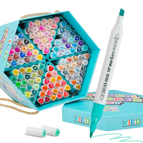 XIEED Alcohol Markers, Premium 120-Color Hexagonal Set with Gift Box for Students, Adults & Artists in Coloring & Drawing (Fine & Broad Tips)