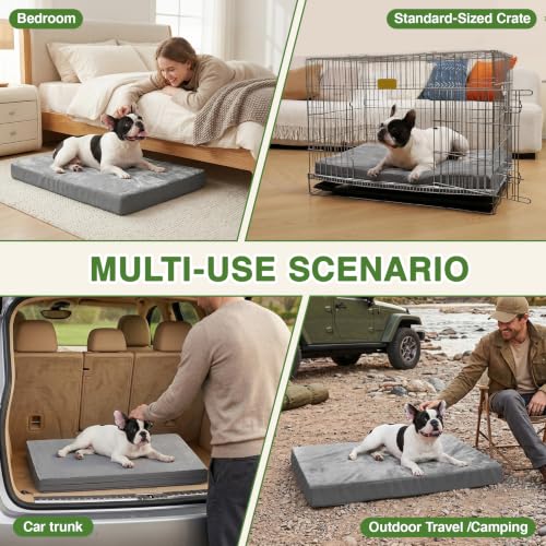 Image of Waterproof Small Dog Bed Crate Pad 24 inch, Washable Puppy Bed Orthopedic Gray | Outdoor Pet Bed Foam, Reversible Durable Faux Leather & Flannel, Removable Cover, Cat Mat, Anti-Slip Kennel Pad 23 inchx17 inch