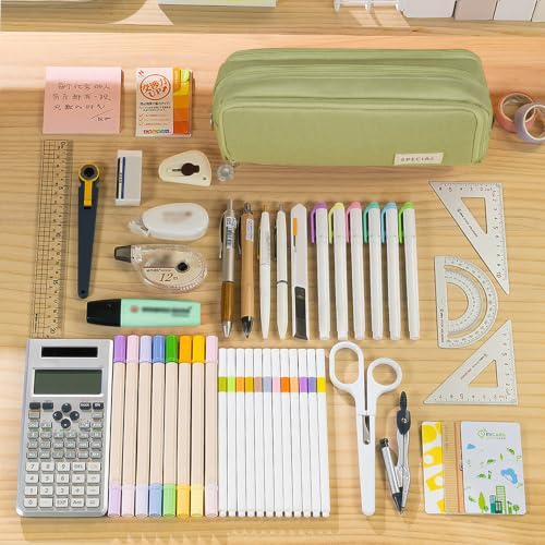 Image of MAMUNU Large Capacity Pencil Case, 3 Compartments Canvas Pencil Pouch with Zipper, Aesthetic Pencil Pen Pouch for School Students Teen Girls Boys, Green
