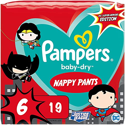Pampers Windeln Superhelden Pants Größe 6 (15kg+) Baby-Dry, Extra Large, 19 Höschenwindeln, SINGLE PACK, mit Stop- und Schutz Täschchen