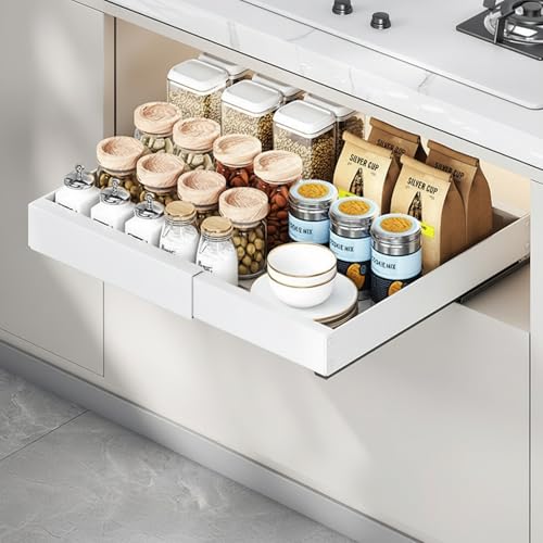 NAYIV シンク下収納 スライドラック伸縮スライドボックス キッチン 引き出し収納 幅32-50cmまで伸縮可能で 耐荷重25kg 静音スライド式 調味料 スパイス 調理器具 食器類などのキッチン用品片付け (ホワイト)