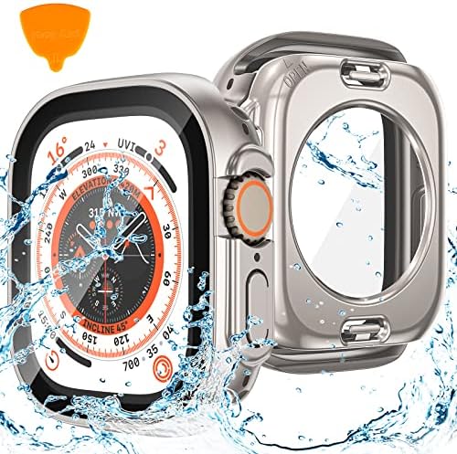 Goton 2 in 1 Waterproof Case for Apple Watch Ultra Ultra2 Screen Protector 49mm, 360 Protective Glass Face Cover Hard PC Bumper + Back Frame for iWatch Ultra Accessories 49 mm, Titanium