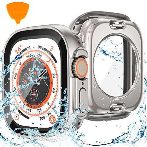 Kamita Funda Impermeable Compatible con Apple Watch Ultra 2 49mm con 9H Protector de Pantalla Cristal Templado,2 en 1 PC Duro Bumper Custodia,Protección Completa Carcasa para iWatch Ultra (Titanio)