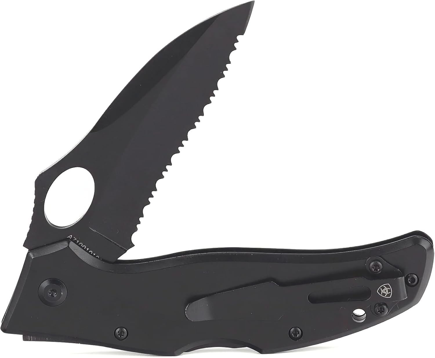 ARIAT Engraved Shield Text Logo Serrated Blade Folding Knife, 3" Blade (Medium) (Black)