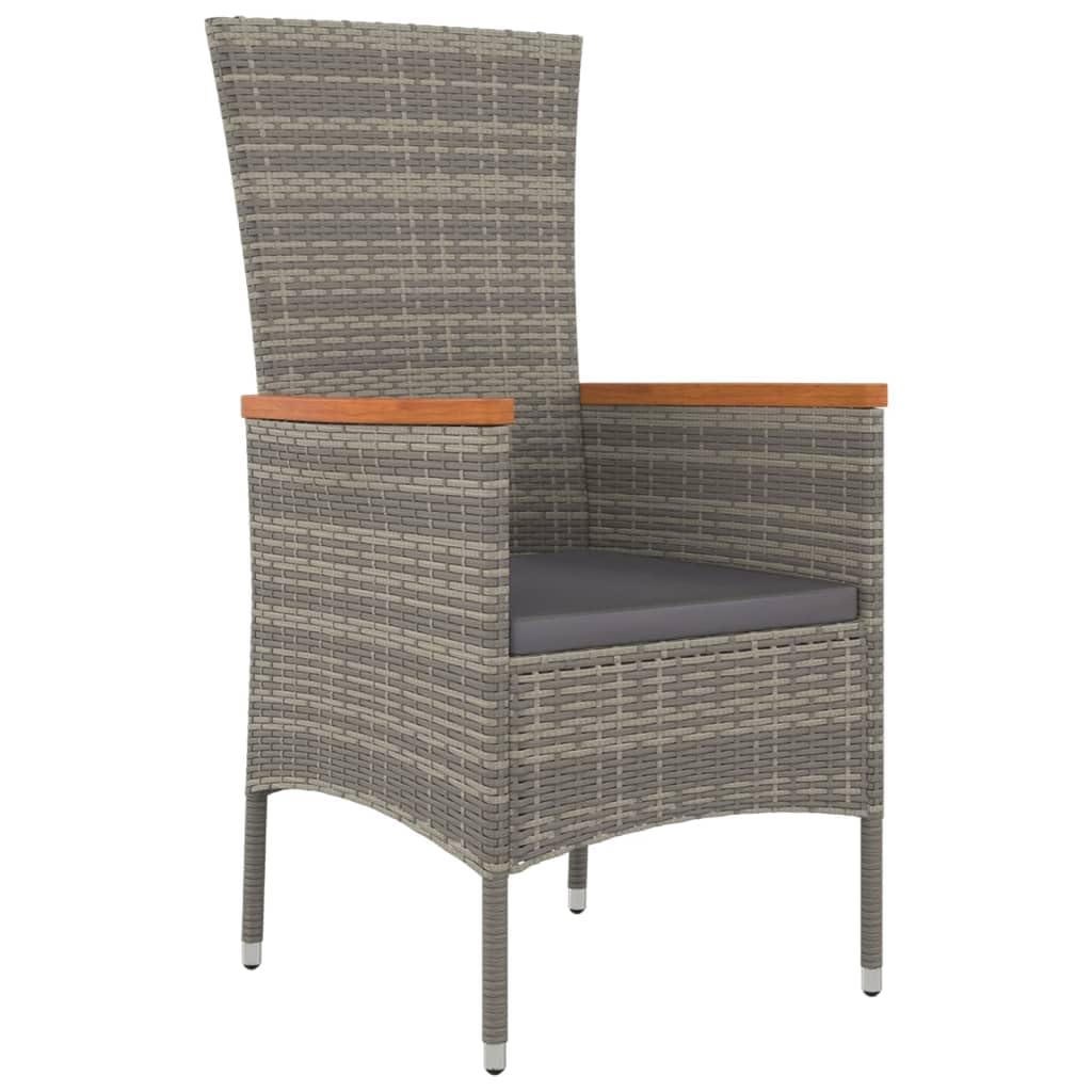 Fengshui Set di 4 sedie da giardino in polyrattan grigio con cuscino | telaio in acciaio, braccioli in legno di acacia, cuscino spesso imbottito, facile da pulire