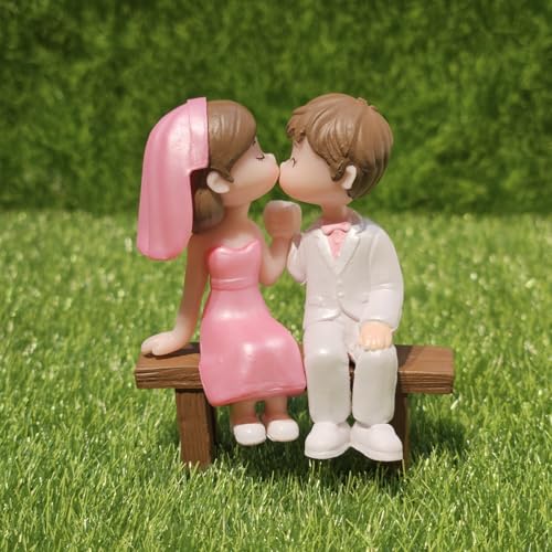 Image of Miniature Cute Couple Figurine, PVC Wedding Cake Topper, Bride and Groom on Bench, Dollhouse Accessory, Garden Decor (Pink Wedding Couple)