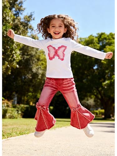 Image of Toddler Girl Clothes Long Sleeve Cartoon & Letter Graphic Top + Fruit Stationery Print Flared Leg Pants