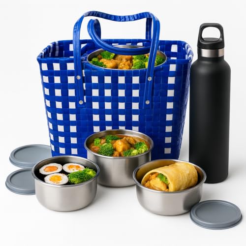 Image of Hand Made Multipurpose Plastic Basket with Lid | Eco-Friendly, Washable, Rust-Free Storage Basket for Kitchen, Picnic, Toys, Travel, Office | Lightweight basket (White with Blue, Extra Small)