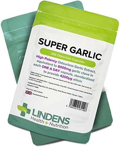 Lindens Super Garlic Odourless Capsules - 365 Pack - High Strength 6000mg (4200mcg Allicin) - Contributes to Normal Muscle Function, Heart Health and Immune Health - UK Manufacturer, Letterbox Friendly