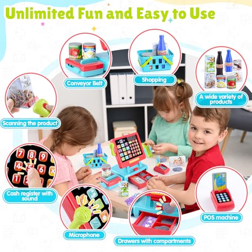 Image of PLAY Kids Cash Register Toy Supermarket with Register Pretend Play Calculator Register Toys with Scanner /Microphone /Credit Card /Conveyors /Cans /Drink /Play Money, Cash Register for Kids Ages 3+