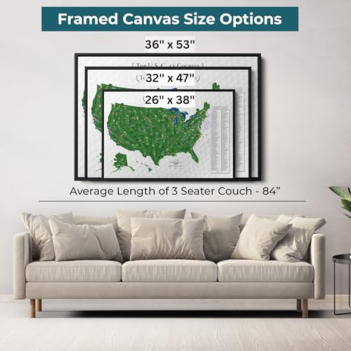 Image of Push Pin Travel Maps Top 200 Golf Courses USA Canvas - Personalized Golf Course Tracker with Pins, Framed Golf Wall Decor - White Float Frame - 34 inch x 51 inch