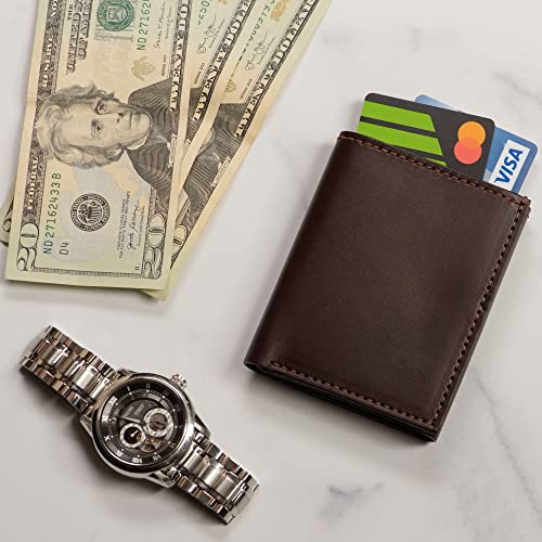Mens Trifold Wallet Case, 4 Credit Card Holder Slots and ID Window, Full Grain Bridle Genuine Leather, Made in USA, Brown3