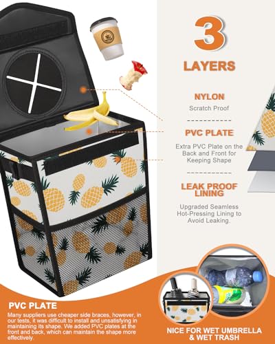 Image of Pritent Car Trash Can with Lid, Cute Leakproof Car Trash Garbage Bag Hanging Vehicle Trash Bin Small Portable Automotive Garbage Cans Organizer for Back /Front Seat(Trapezoid,Pineapple Print