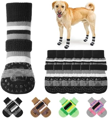 KOOLTAIL Anti Slip Dog Socks to Prevent Licking Paws with Grippers, 3 Pairs Paw Protector with Adjustable Straps, Double Sides Stripe Dog Shoes Toe Grips for Small Medium Large Senior Dogs (Black M)