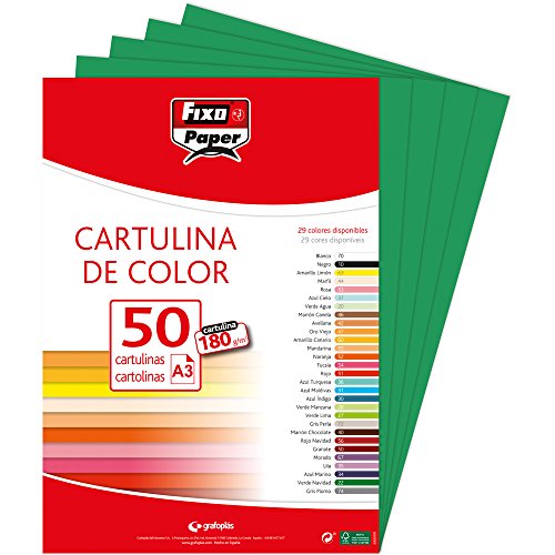 FIXO Paper 11120322 – Paquete de cartulinas A3 – 50 unidades color verde oscuro, 180g
