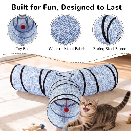 Image of Tempcore Cat Tunnel, 3-Way Collapsible Toy, Large Size Blue Coin | Large Size 3-Way Cat Tunnel Provides More Room for Cats to Run, Hide and Chase, with Peek Holes, Hanging Ball and Teaser Wand