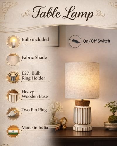 Image of Homesake Wooden Table Lamp | Handcrafted Bedside & Living Room Lamp | Bulb Included | Warm Light | Desk Nightstand Light, Decor Lamp for Bedroom, Study & Home Decor, (KD Khadi Drum)