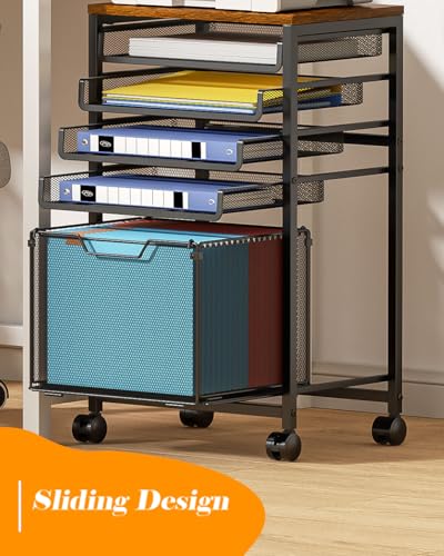 Image of Feyejade Compact 5-Tier Rolling File Cart, Under Desk Metal Filing Cabinet | Printer stand top, sliding mesh trays for binder, letter size file storage, organizer for teachers and home office