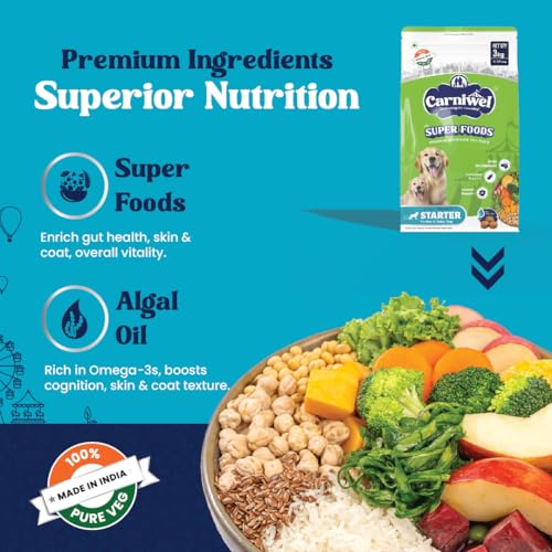 Image of Carniwel Superfoods Starter Dry Dog Food 3 kg | 100% Vegetarian | Fresh & Natural Ingredients | Highly Palatable | GMO Free | Premium Nutrition for Large Dogs